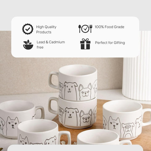 White Pawfect Ceramic Tea Cup Set of 6 (200 ML) - The Earth Store - Tea Sets